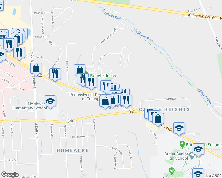 map of restaurants, bars, coffee shops, grocery stores, and more near 214 New Castle Road in Butler
