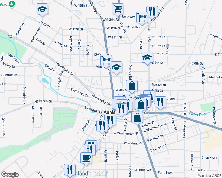 map of restaurants, bars, coffee shops, grocery stores, and more near 334 Cottage Street in Ashland