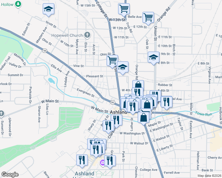 map of restaurants, bars, coffee shops, grocery stores, and more near 352 Sandusky Street in Ashland