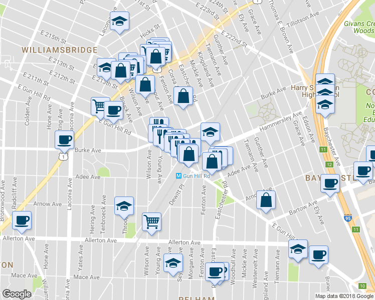 map of restaurants, bars, coffee shops, grocery stores, and more near 3115 Fenton Avenue in Bronx