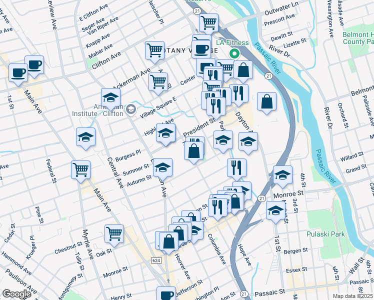 map of restaurants, bars, coffee shops, grocery stores, and more near 229 Hope Avenue in Passaic