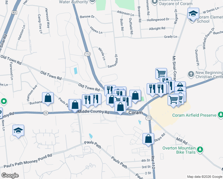 map of restaurants, bars, coffee shops, grocery stores, and more near 2135 New York 112 in Coram