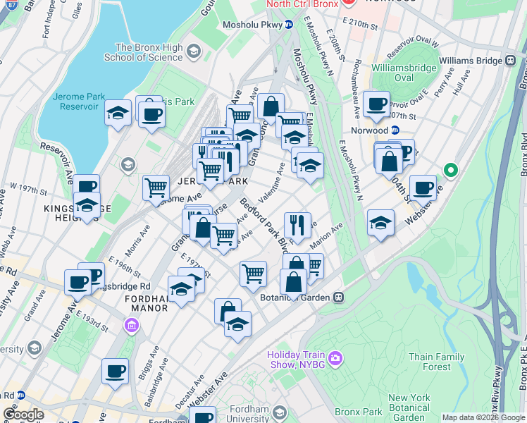 map of restaurants, bars, coffee shops, grocery stores, and more near 2929 Briggs Avenue in Bronx