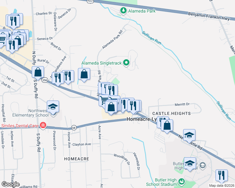 map of restaurants, bars, coffee shops, grocery stores, and more near 150 Alameda Road in Butler