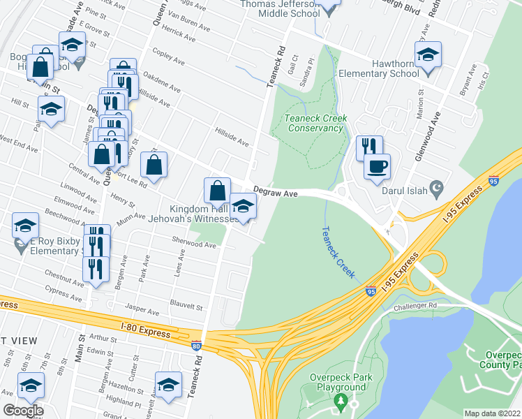 map of restaurants, bars, coffee shops, grocery stores, and more near 265 Willow Street in Teaneck