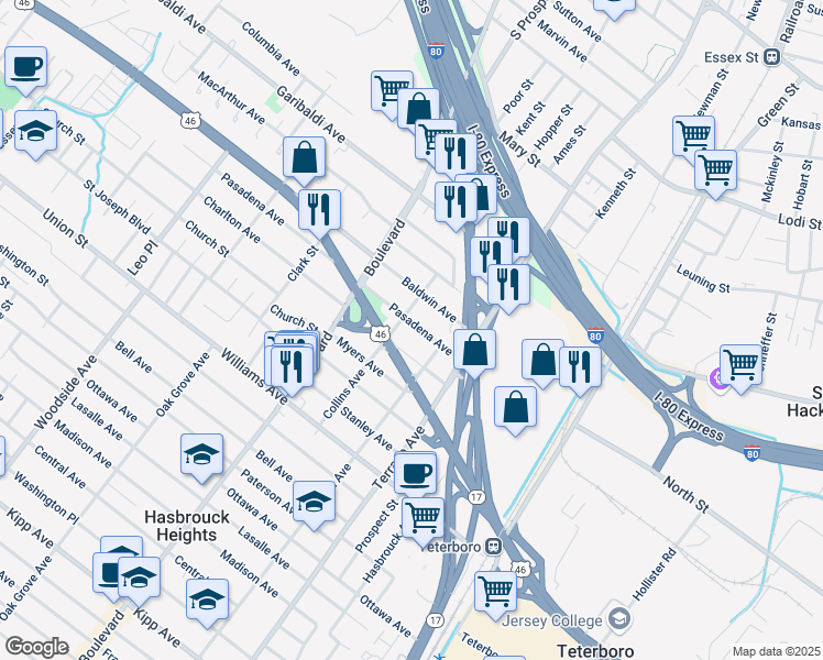 map of restaurants, bars, coffee shops, grocery stores, and more near 525 Burton Avenue in Hasbrouck Heights