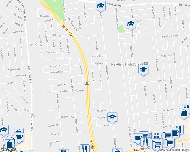 map of restaurants, bars, coffee shops, grocery stores, and more near 19 Marlin Road in Centereach