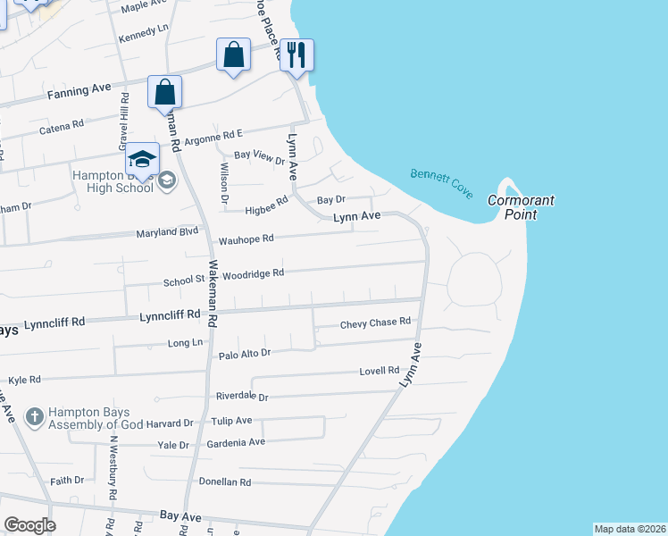 map of restaurants, bars, coffee shops, grocery stores, and more near 32 Woodridge Road in Hampton Bays