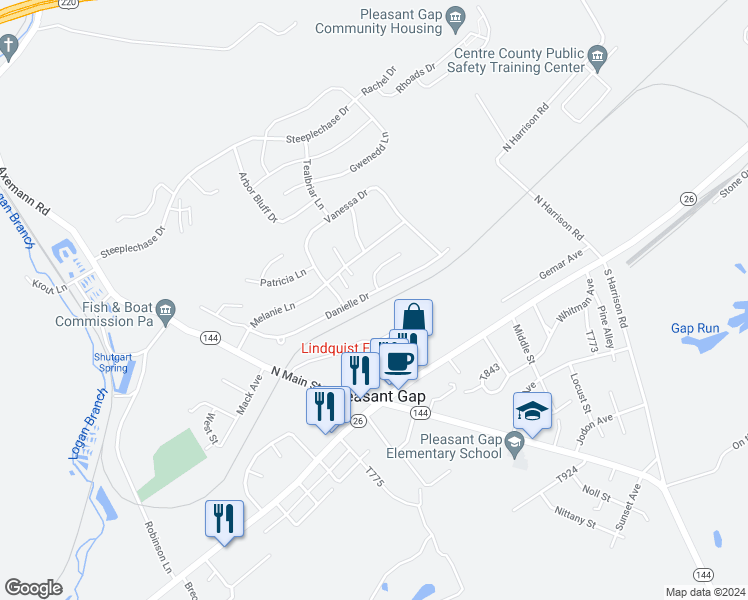 map of restaurants, bars, coffee shops, grocery stores, and more near 207 Danielle Drive in Bellefonte