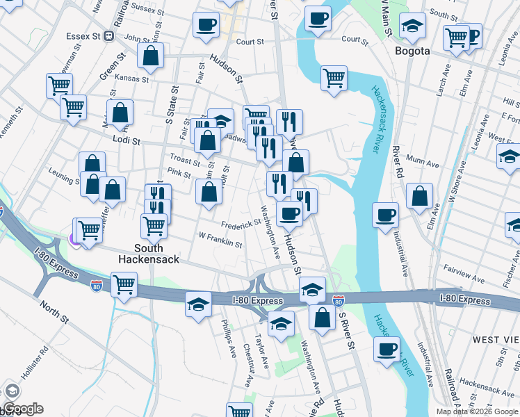 map of restaurants, bars, coffee shops, grocery stores, and more near 52 Jackson Avenue in Hackensack