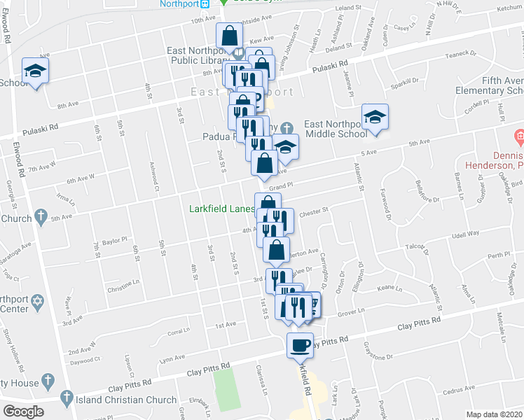 map of restaurants, bars, coffee shops, grocery stores, and more near 324 Larkfield Road in East Northport