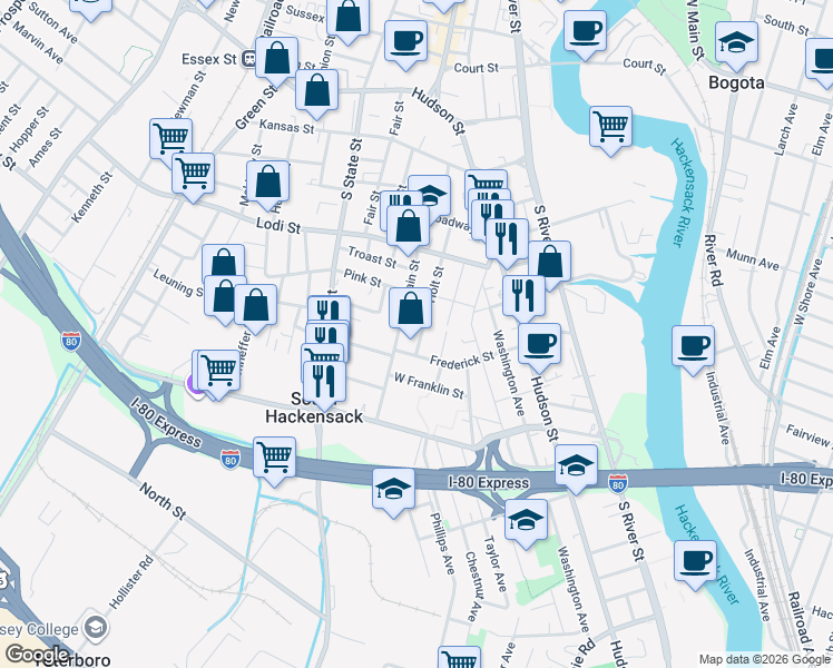 map of restaurants, bars, coffee shops, grocery stores, and more near 167 South Main Street in Hackensack