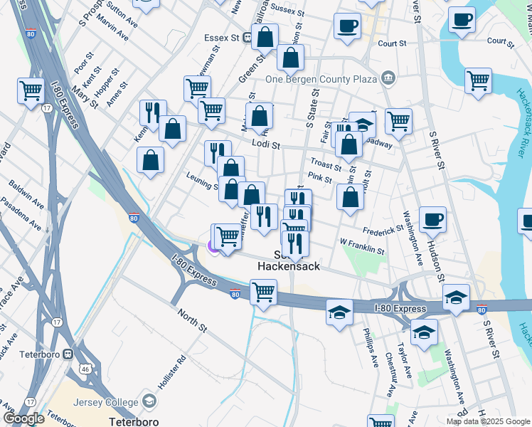 map of restaurants, bars, coffee shops, grocery stores, and more near 37 Leuning Street in South Hackensack