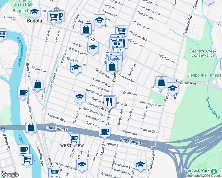 map of restaurants, bars, coffee shops, grocery stores, and more near 210 Queen Anne Road in Bogota