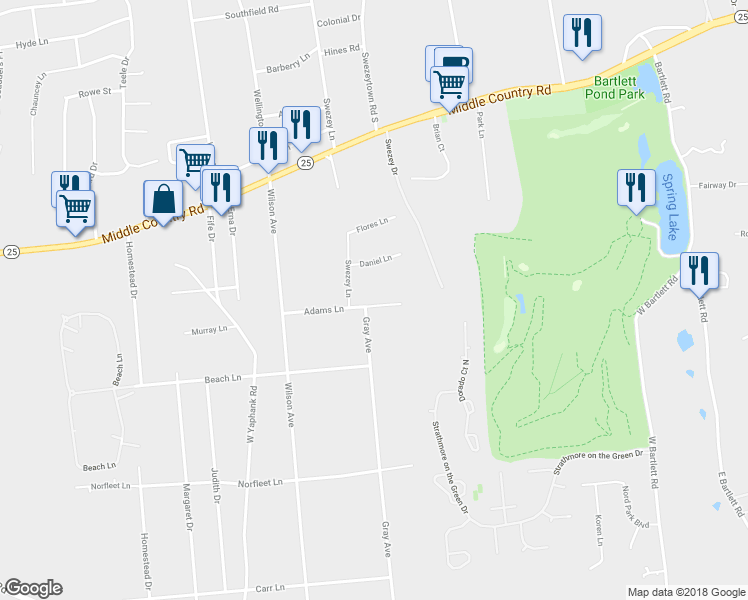 map of restaurants, bars, coffee shops, grocery stores, and more near 25 Adams Lane in Middle Island