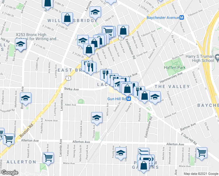 map of restaurants, bars, coffee shops, grocery stores, and more near 1300 Burke Avenue in The Bronx