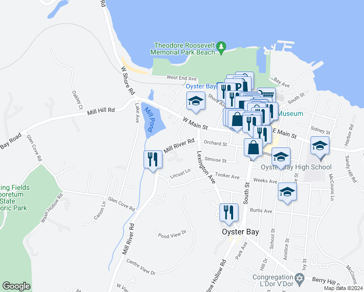 map of restaurants, bars, coffee shops, grocery stores, and more near 23 Underhill Avenue in Oyster Bay