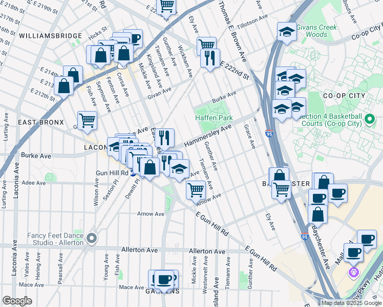 map of restaurants, bars, coffee shops, grocery stores, and more near 3060 Tiemann Avenue in Bronx