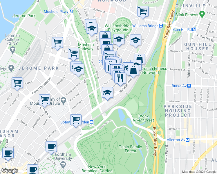 map of restaurants, bars, coffee shops, grocery stores, and more near 3061 Hull Avenue in Bronx