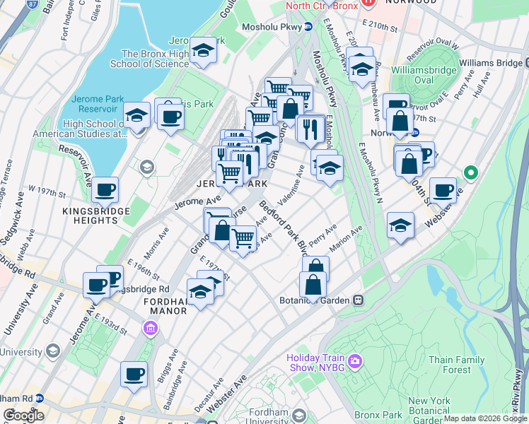map of restaurants, bars, coffee shops, grocery stores, and more near in The Bronx