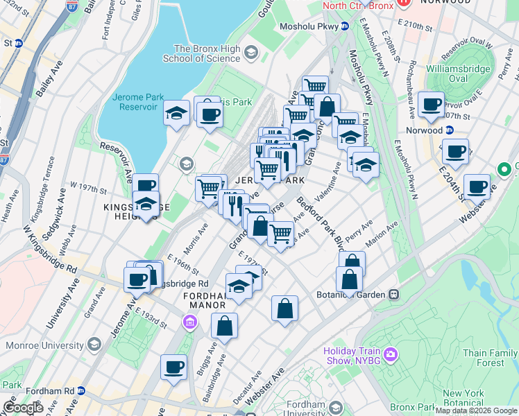 map of restaurants, bars, coffee shops, grocery stores, and more near 2932 Jerome Avenue in Bronx