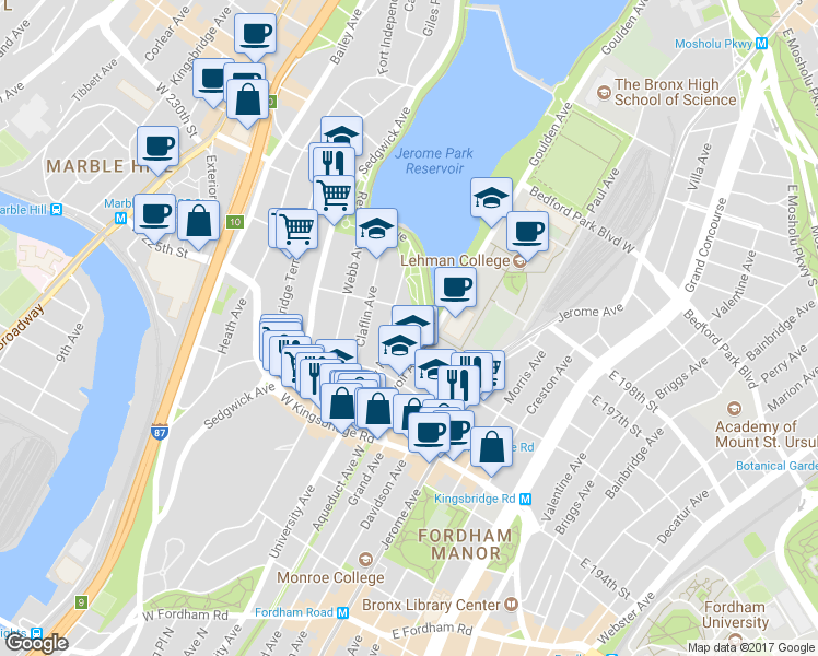 map of restaurants, bars, coffee shops, grocery stores, and more near in The Bronx