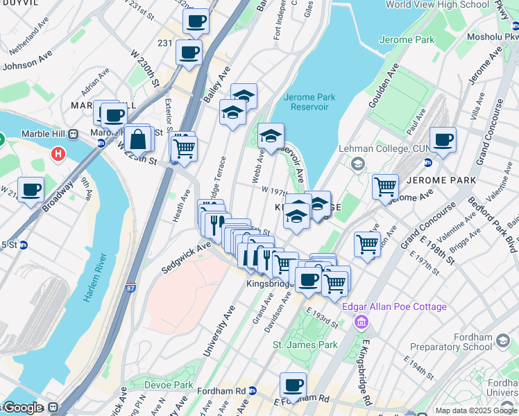 map of restaurants, bars, coffee shops, grocery stores, and more near 2807 Claflin Avenue in Bronx