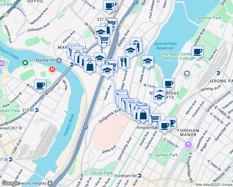 map of restaurants, bars, coffee shops, grocery stores, and more near 2737 Kingsbridge Terrace in The Bronx