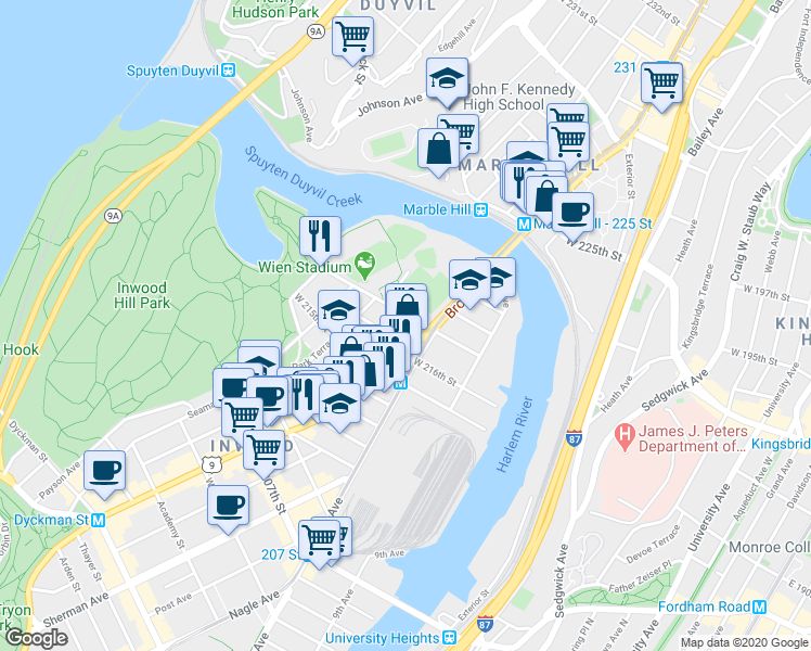 map of restaurants, bars, coffee shops, grocery stores, and more near 533 West 218th Street in New York