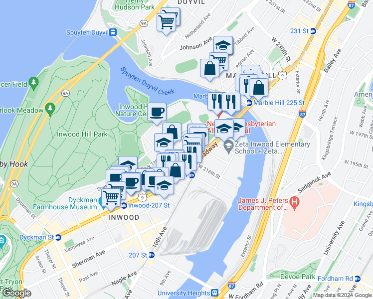 map of restaurants, bars, coffee shops, grocery stores, and more near 533 West 218th Street in New York