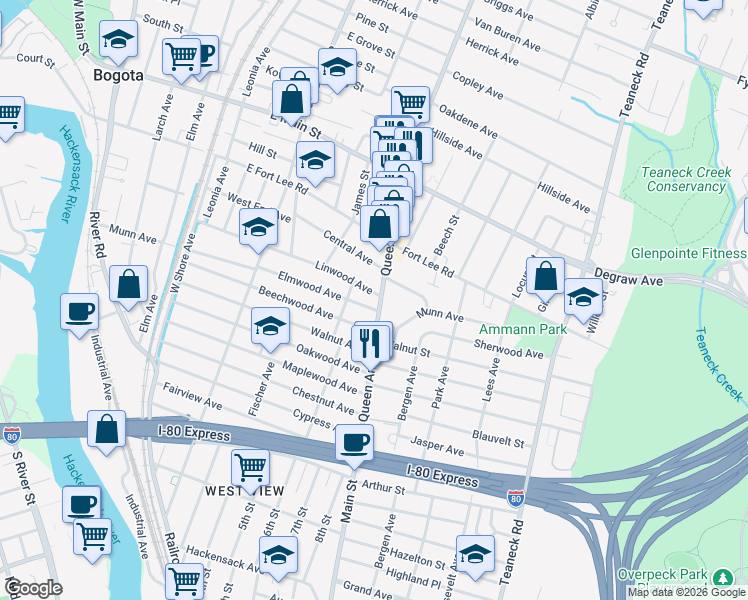 map of restaurants, bars, coffee shops, grocery stores, and more near 210 Queen Anne Road in Bogota