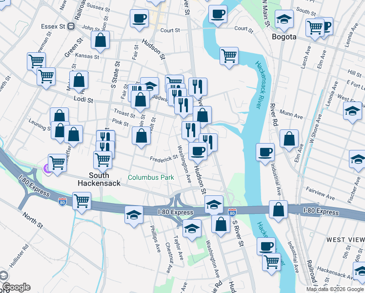 map of restaurants, bars, coffee shops, grocery stores, and more near 212 Hudson Street in Hackensack