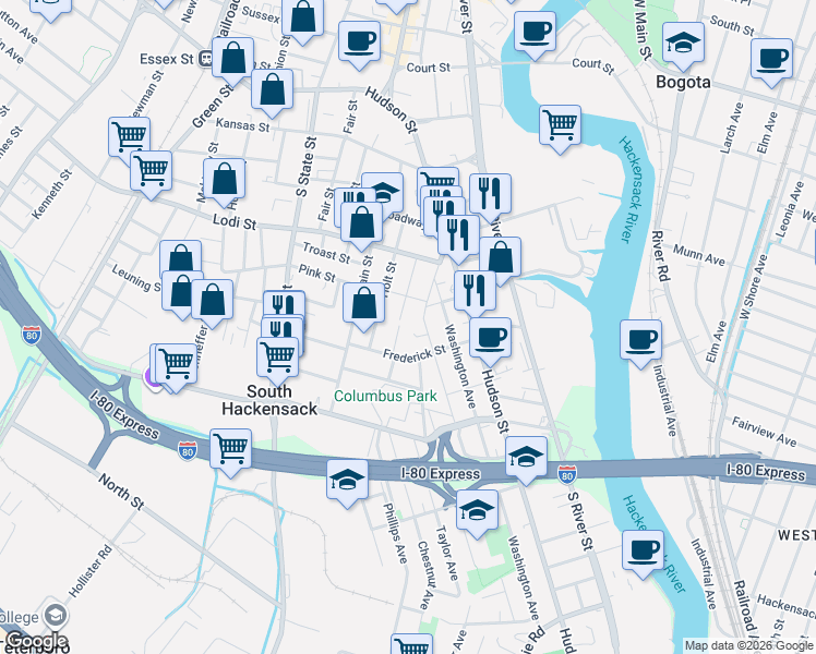 map of restaurants, bars, coffee shops, grocery stores, and more near 167 Bonhomme Street in Hackensack