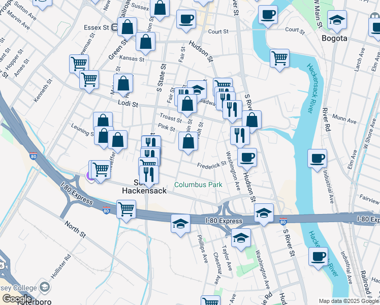 map of restaurants, bars, coffee shops, grocery stores, and more near 167 South Main Street in Hackensack