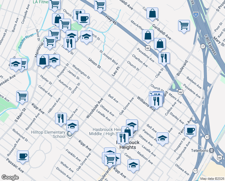 map of restaurants, bars, coffee shops, grocery stores, and more near 36 Lawrence Avenue in Lodi