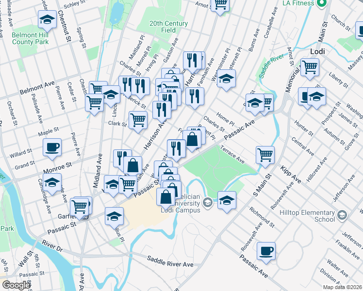map of restaurants, bars, coffee shops, grocery stores, and more near 128 Westminster Place in Garfield