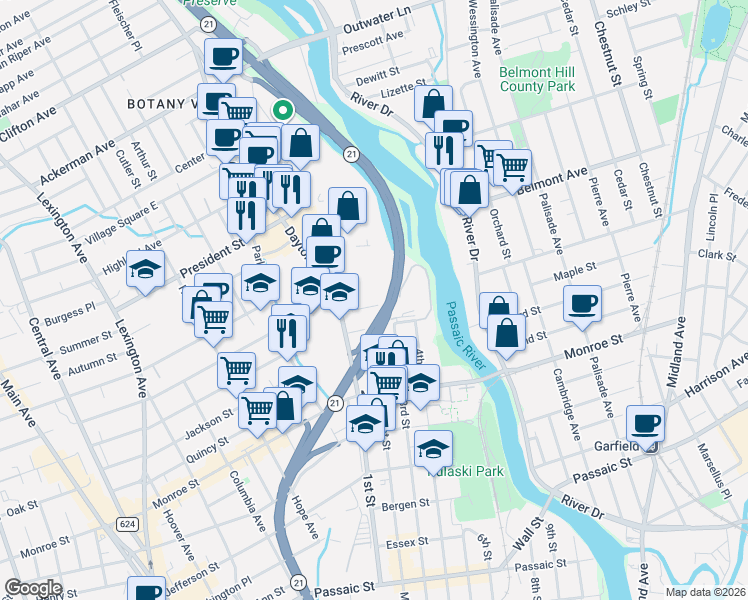 map of restaurants, bars, coffee shops, grocery stores, and more near 88 Dayton Avenue in Passaic