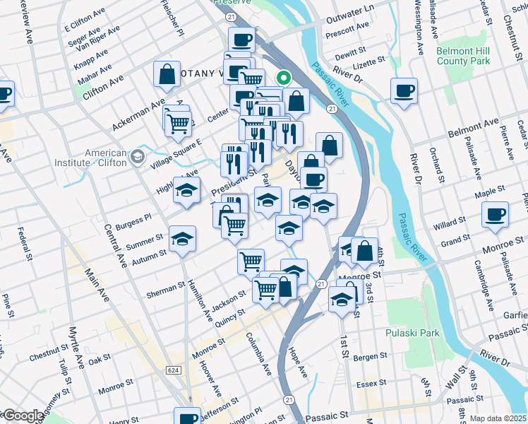 map of restaurants, bars, coffee shops, grocery stores, and more near in Passaic