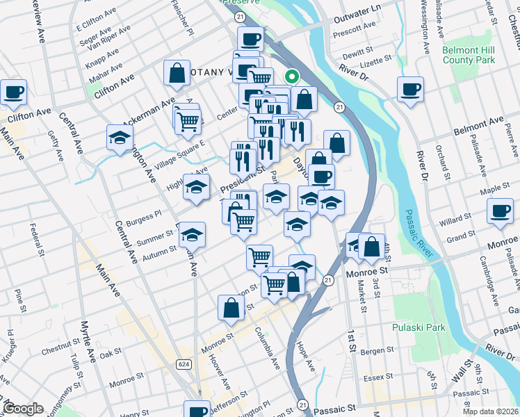 map of restaurants, bars, coffee shops, grocery stores, and more near 43 Van Winkle Avenue in Passaic