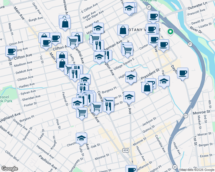 map of restaurants, bars, coffee shops, grocery stores, and more near 37 Yereance Avenue in Clifton