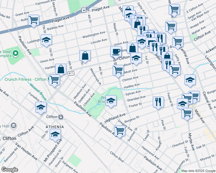 map of restaurants, bars, coffee shops, grocery stores, and more near 185 DeMott Avenue in Clifton