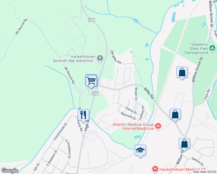 map of restaurants, bars, coffee shops, grocery stores, and more near 3-139 Bilby Rd in Hackettstown
