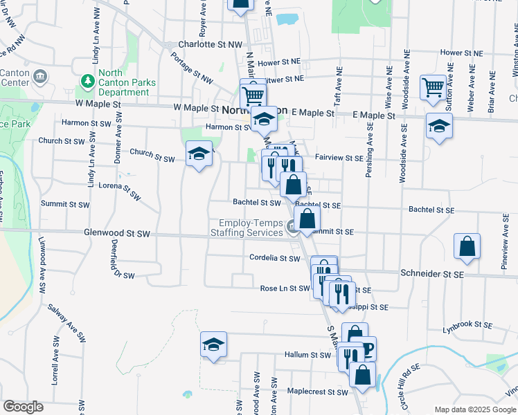 map of restaurants, bars, coffee shops, grocery stores, and more near 216 Pearl Place Southeast in North Canton