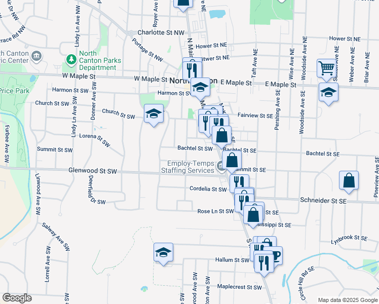 map of restaurants, bars, coffee shops, grocery stores, and more near 216 Pearl Place Southeast in North Canton