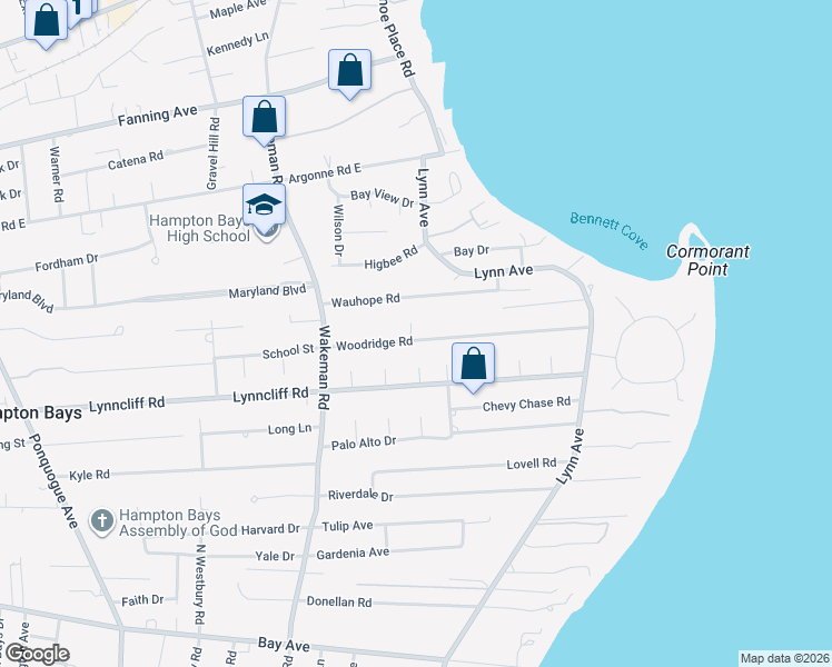 map of restaurants, bars, coffee shops, grocery stores, and more near 20 Wauhope Road in Hampton Bays