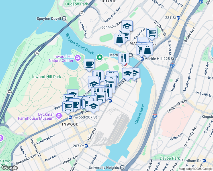 map of restaurants, bars, coffee shops, grocery stores, and more near 533 West 218th Street in New York
