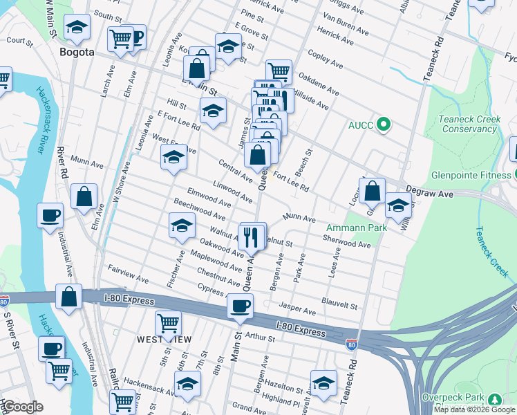 map of restaurants, bars, coffee shops, grocery stores, and more near 210 Queen Anne Road in Bogota
