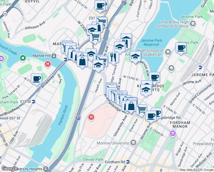 map of restaurants, bars, coffee shops, grocery stores, and more near 2739A Kingsbridge Terrace in The Bronx
