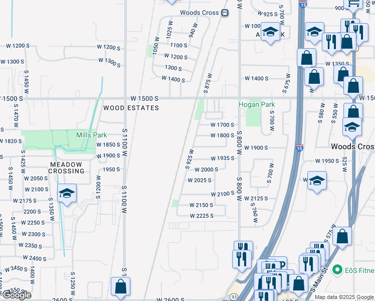 map of restaurants, bars, coffee shops, grocery stores, and more near 1832 South 925 West in Woods Cross