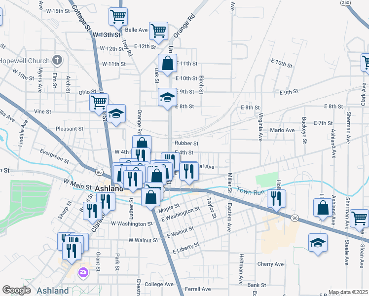 map of restaurants, bars, coffee shops, grocery stores, and more near 246 East 4th Street in Ashland